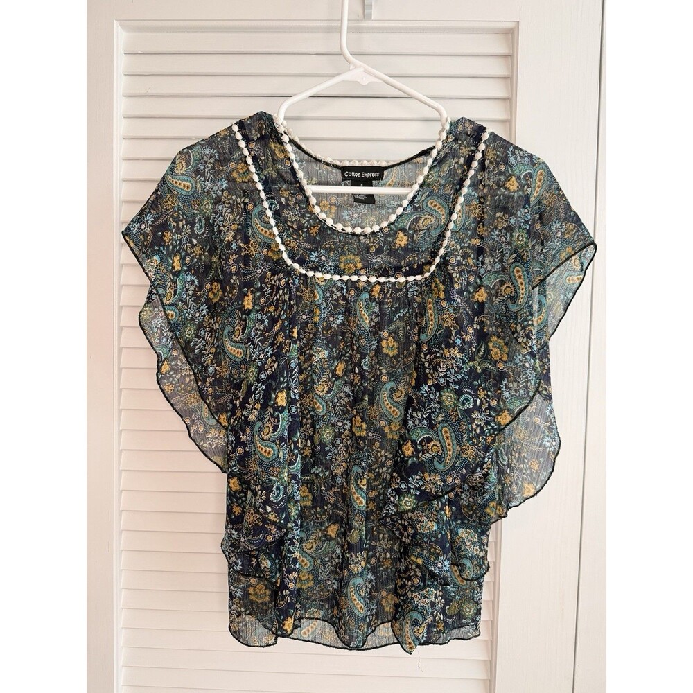 Cotton Express Paisley Sheer Boho Top Pom Trim Flutter Sleeve Blouse S Y2K